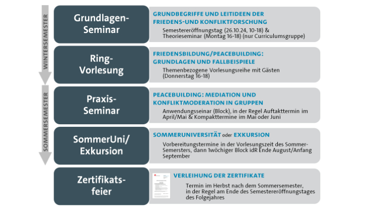 Das Diagramm zeigt das Curriculum im Zertifikatsprogramm Friedensbildung/Peacebuilding.